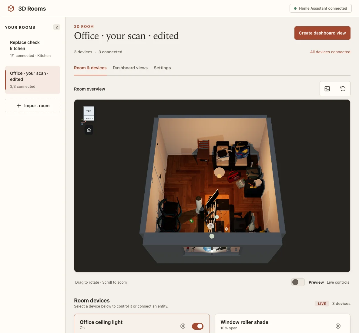 3D Rooms running inside Home Assistant, showing a modeled office and its device controls.